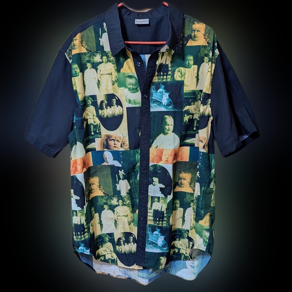 Men's Haunted Portraits Button Up Short Sleeve Shirt by Cowcow Size 2XL